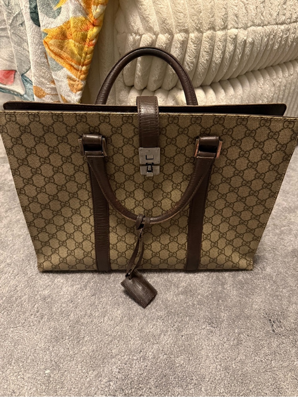 Gucci Brown GG Supreme Canvas Briefcase with Dark Brown Leather Trim